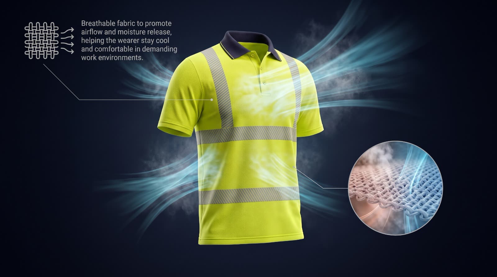 OLSQ-9 shirt with airflow illustration and macro detail of the three-dimensional piqué knit