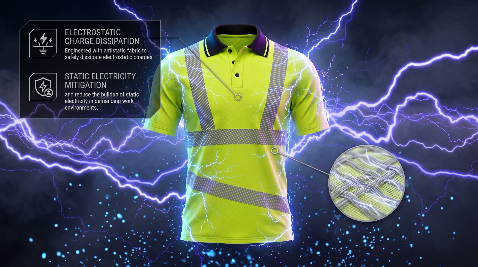 OLSQ-9 shirt with electrostatic discharge dissipating across the knitted fabric